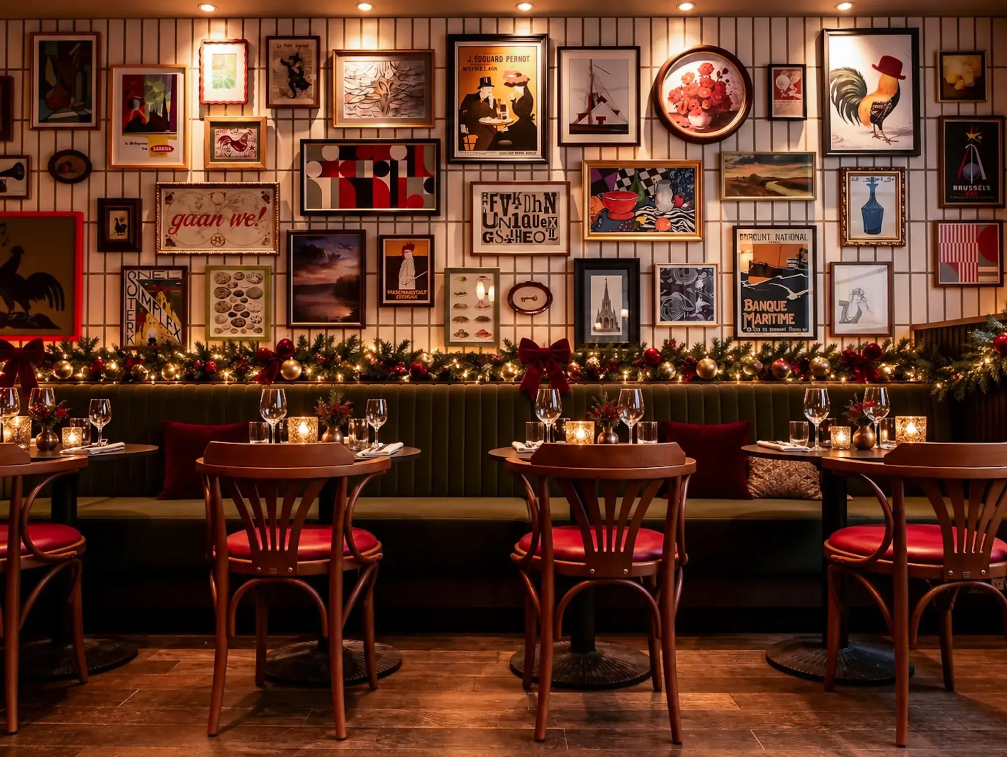 La banquette de Rotisse sous un mur d’affiches et de tableaux
